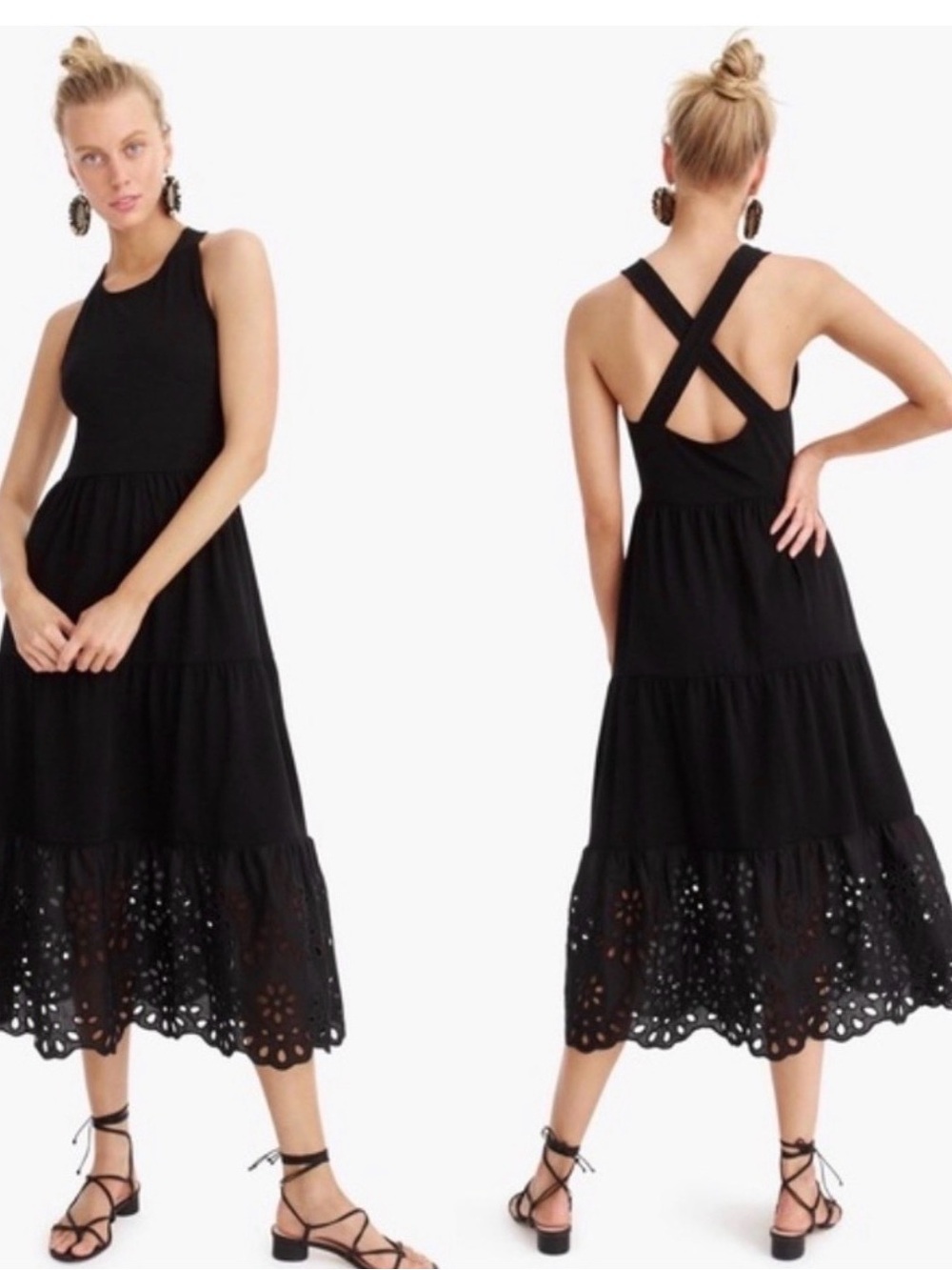 J. CREW black eyelet lace cotton tiered full length cross strap maxi dress M
